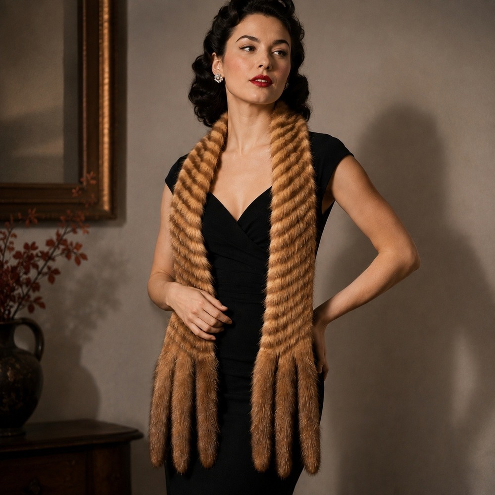 Vintage 1950s Genuine Mink Fur Scarf Stole Tails Chevron Striped Satin Lined MCM